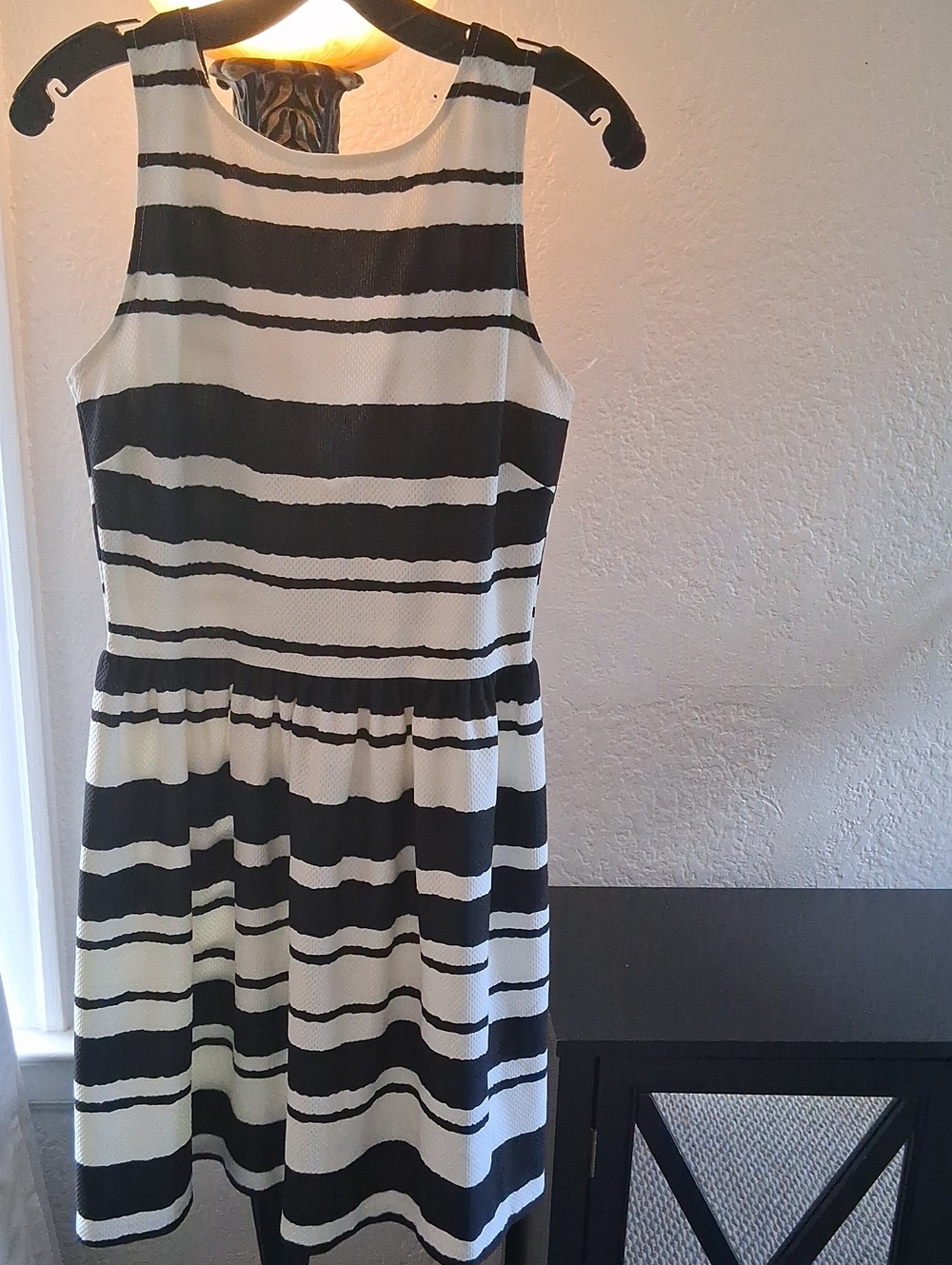 Saks Fifth Avenue Black and White Striped Sleeveless Fit-and-Flare Dress